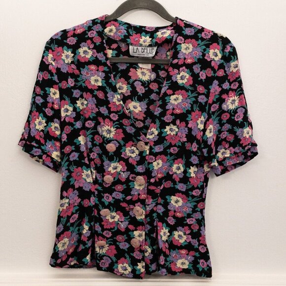Vintage 80s La Belle Floral Blouse S | Rose Button Black Top Made in USA - Picture 1 of 5